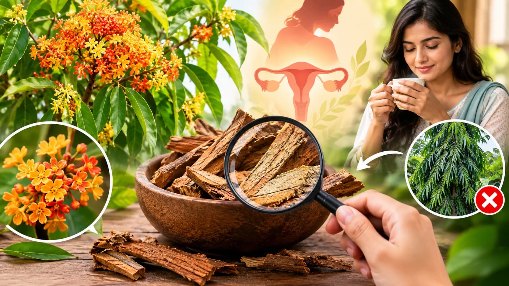 অশোক গাছের ছালের উপকারিতা বোঝাতে শুকনো অশোক ছাল ও কমলা রঙের অশোক ফুলের ছবি
