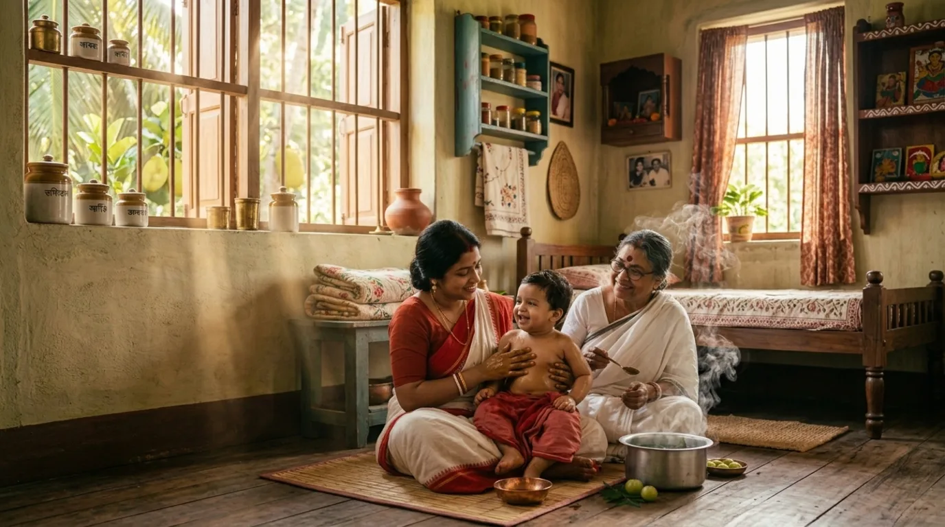 শিশুদের আয়ুর্বেদিক যত্ন — তেল মালিশ, স্নান, কাঁসার থালা ও দিনচর্যা