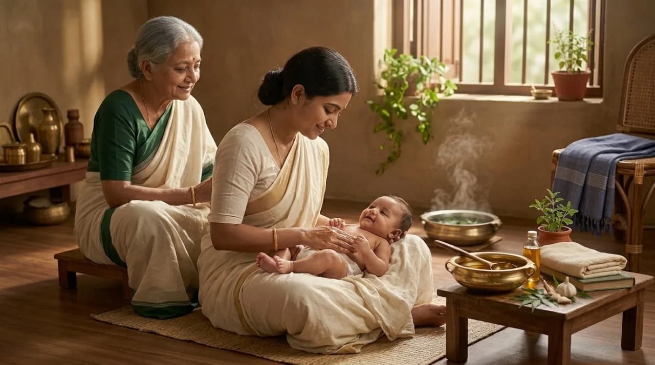 শিশুর তেল মালিশ — কুসুম-গরম সর্ষের তেল ও মায়ের কোমল হাত