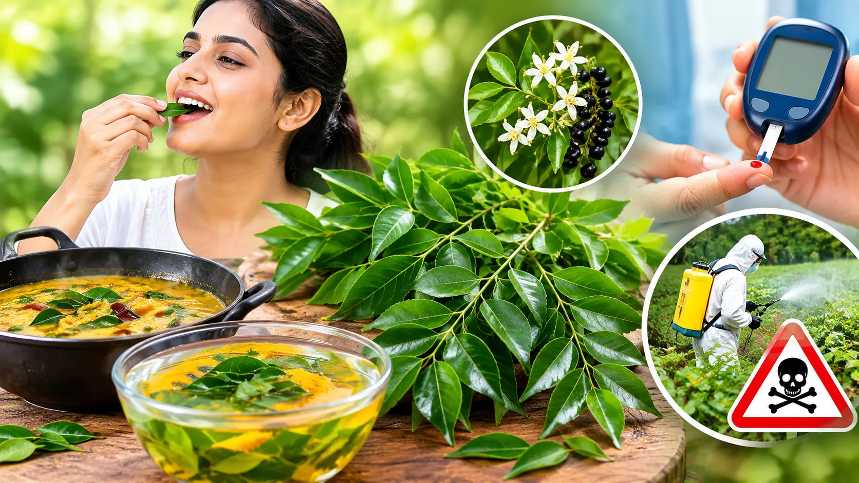 মাঝখানে কারি পাতার গাছের সবুজ ডাল, বাঁয়ে এক তরুণী কাঁচা কারি পাতা চিবোচ্ছেন, নিচে কড়াইয়ে কারি পাতা দেওয়া হলুদ তরকারি ও কাচের বাটিতে হলুদ মেশানো জলে ভেজানো পাতা, উপরে গোল ছবিতে গাছের সাদা ফুল ও কালো পাকা ফল, ডানে রক্তে শর্করা মাপার যন্ত্র আর সুরক্ষা পোশাকে কীটনাশক ছেটানোর দৃশ্যে লাল ত্রিভুজে বিষের সতর্কতা চিহ্ন
