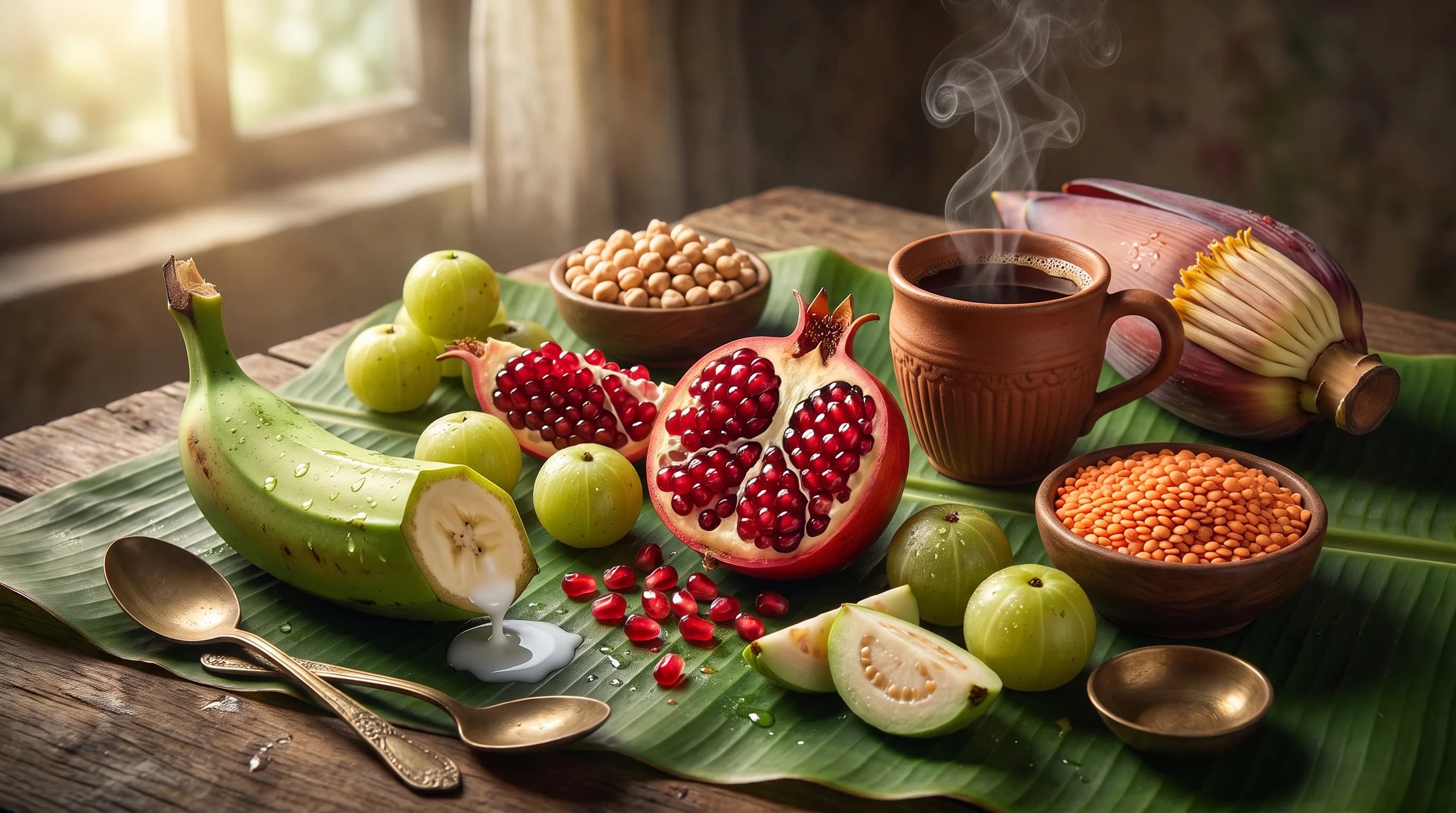 কষায় রস বা কষা স্বাদের বাঙালি উপাদান, কলাপাতায় কাঁচকলা আমলকী বেদানা কাঁচা পেয়ারা মুসুর ডাল ছোলা মোচা ও মাটির কাপে কড়া চা