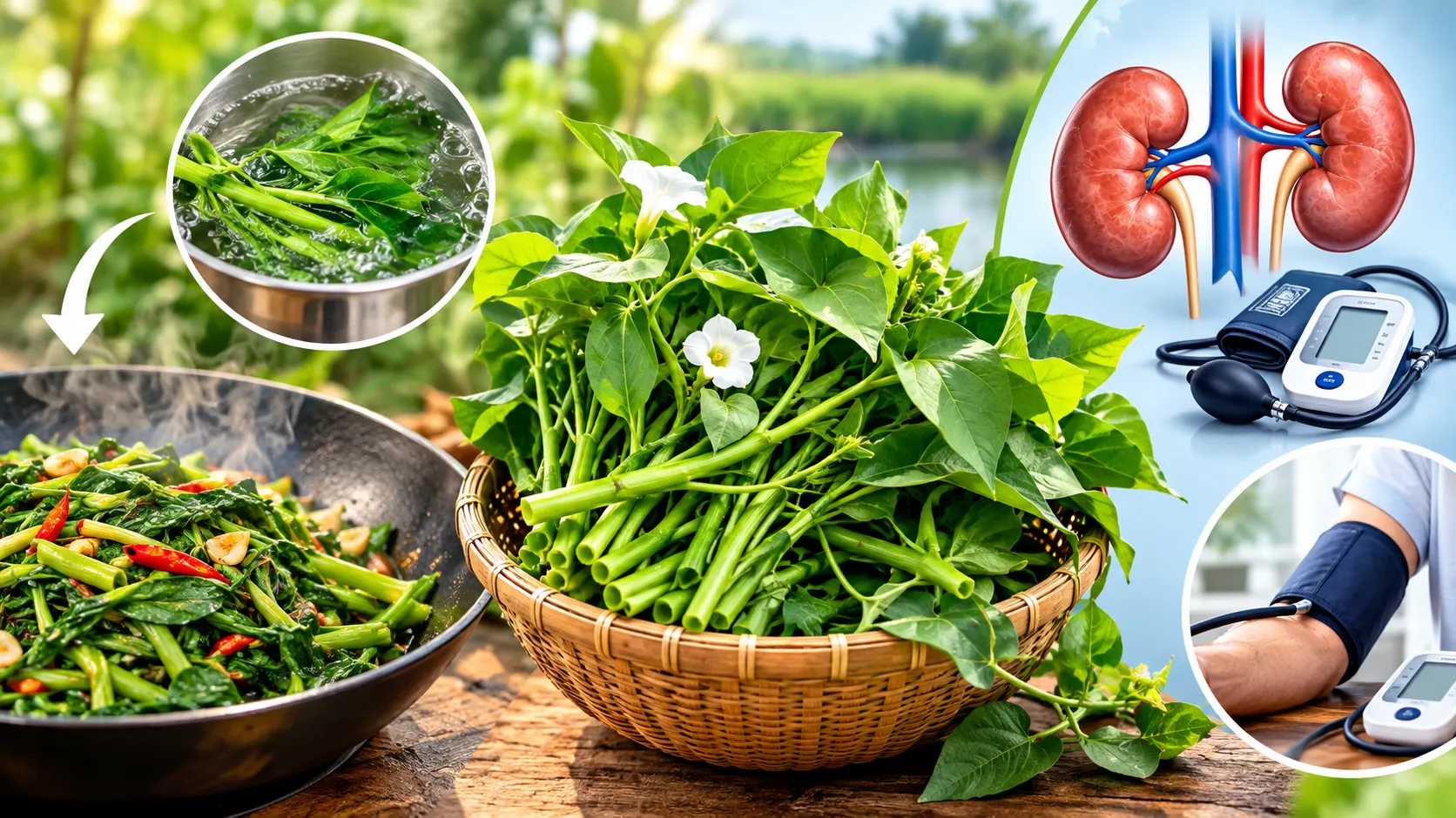 বাঁশের ঝুড়িতে ফাঁপা ডাঁটা ও সাদা ফুলসহ তাজা কলমি শাক, বাঁ পাশে ফুটন্ত জলে সেদ্ধ শাক ও তির চিহ্ন ধরে নিচে কড়াইয়ে ভাজা শাক, ডান পাশে কিডনি ও রক্তচাপ মাপার যন্ত্র, কলমি শাকের উপকারিতা ও অপকারিতা নিয়ে লেখার প্রচ্ছদ