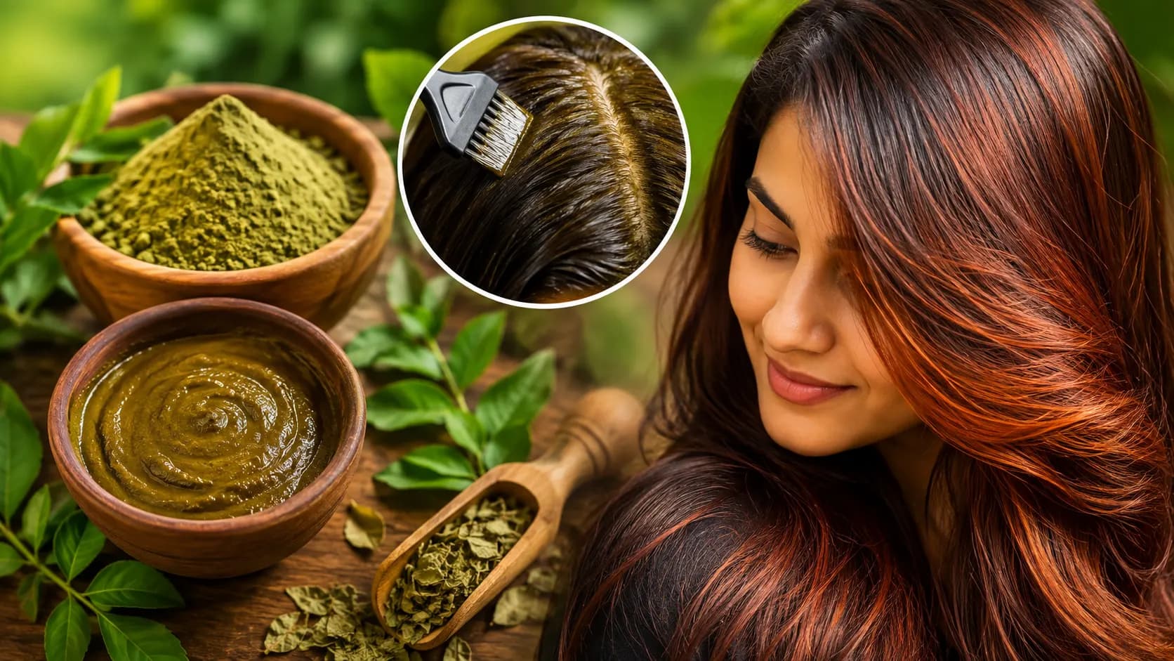 চুলে মেহেদি পাতা লাগানোর জন্য বাটা কাঁচা মেহেদি পাতা ও মেহেদি গুঁড়ো