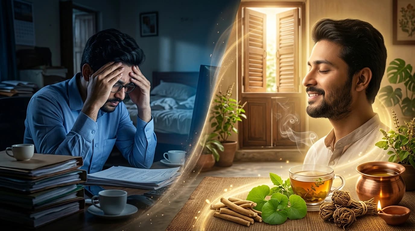 মানসিক চাপ কমানোর আয়ুর্বেদিক উপায় — অশ্বগন্ধা, ব্রাহ্মী, ধ্যান ও দৈনিক ছন্দ