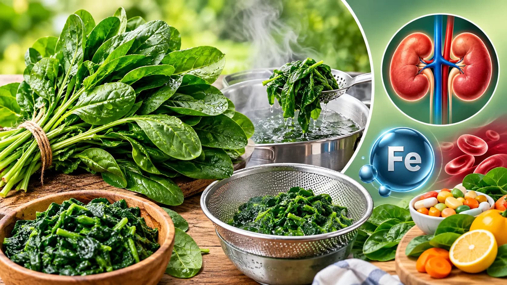 দড়ি দিয়ে বাঁধা জলের ফোঁটাসহ তাজা পালং শাকের আঁটি, নিচে কাঠের বাটিতে রান্না করা শাক, মাঝে ফুটন্ত পাত্র থেকে ঝাঁঝরি চামচে জল ঝরতে থাকা সেদ্ধ পাতা ও স্টিলের ছাঁকনি, ডান পাশে কিডনির ছবি, Fe চিহ্ন, লোহিত রক্তকণিকা, ক্যাপসুল ও লেবু-গাজর, পালং শাকের উপকারিতা ও খাওয়ার নিয়ম নিয়ে লেখার প্রচ্ছদ