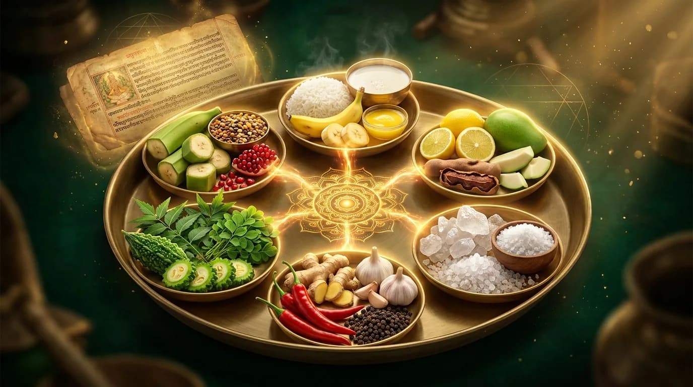 ষড়রস বা ছয় রসের বাঙালি থালা, মধুর অম্ল লবণ কটু তিক্ত ও কষায় স্বাদের উপাদান