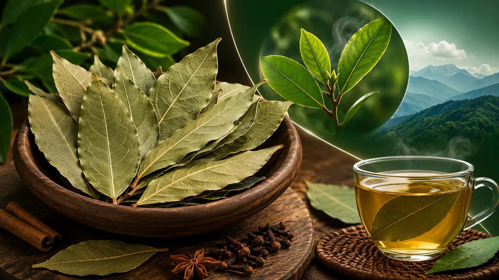 শুকনো তেজপাতার স্তূপ, তিন শিরাযুক্ত লম্বা জলপাই-সবুজ পাতা ও এক কাপ তেজপাতার চা, তেজপাতার উপকারিতা নিয়ে লেখার প্রচ্ছদ