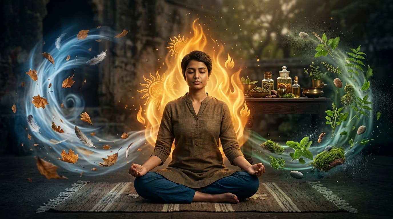 তিনটি কাঁচের জারে আয়ুর্বেদিক ভেষজ ও তেল — বাত পিত্ত কফের প্রতীকী চিত্র