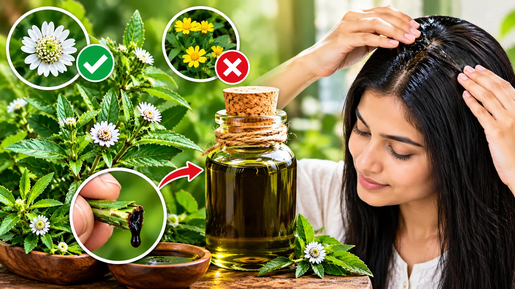 সাদা ফুলের ভৃঙ্গরাজ গাছে সবুজ টিক আর হলুদ ফুলের গাছে লাল ক্রস, ভাঙা ডাল থেকে কালচে রস ও পাশে ভৃঙ্গরাজ তেল, ভৃঙ্গরাজ গাছ চেনার উপায় নিয়ে লেখার প্রচ্ছদ