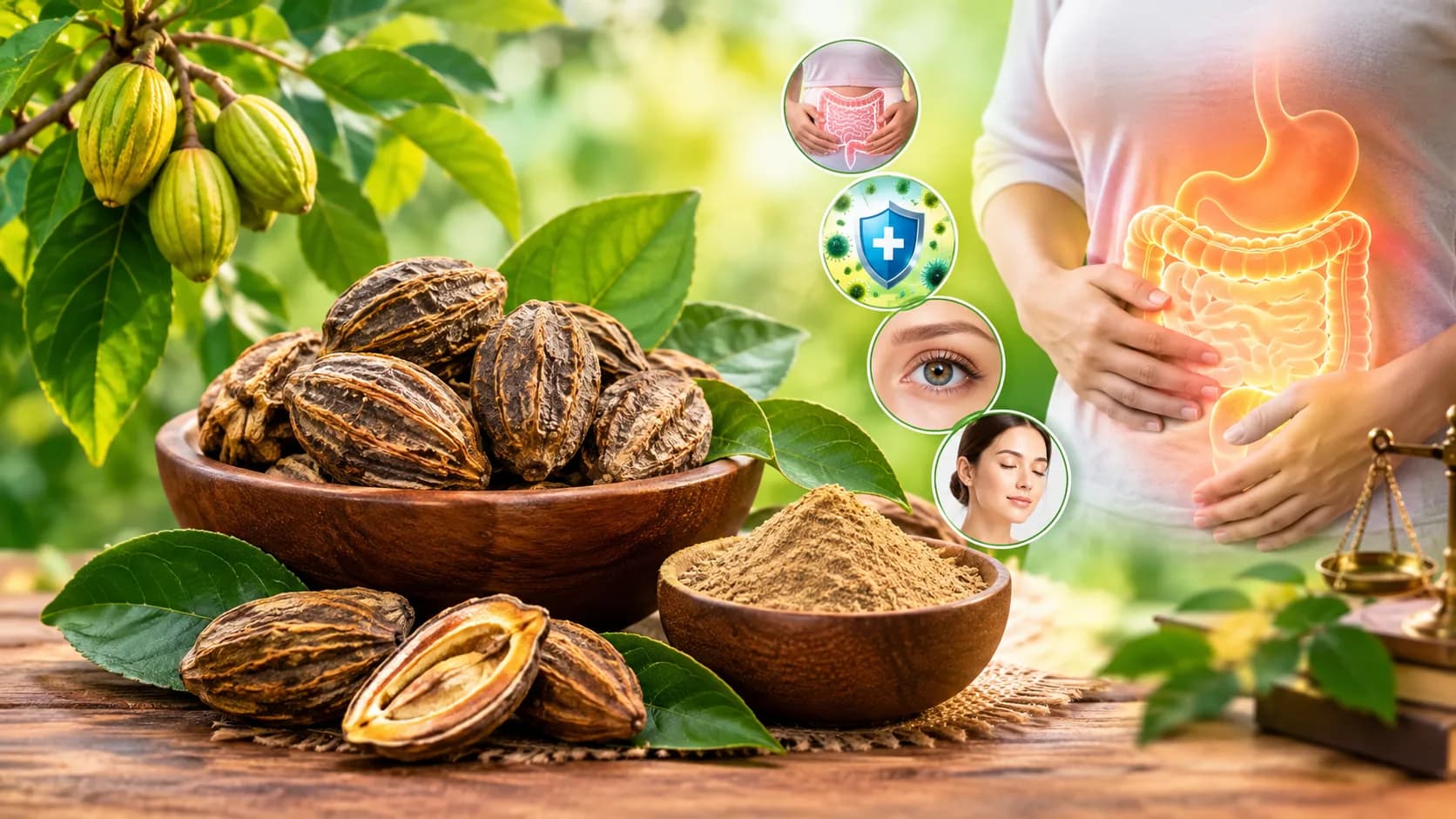 কাঠের বাটিতে শুকনো হরিতকী ফল ও হরিতকী চূর্ণ, পাশে গাছের সবুজ ফল ও পাতা, সঙ্গে হজম, প্রতিরোধ ক্ষমতা, চোখ ও ত্বকে হরিতকীর উপকারিতা বোঝানো ছবি