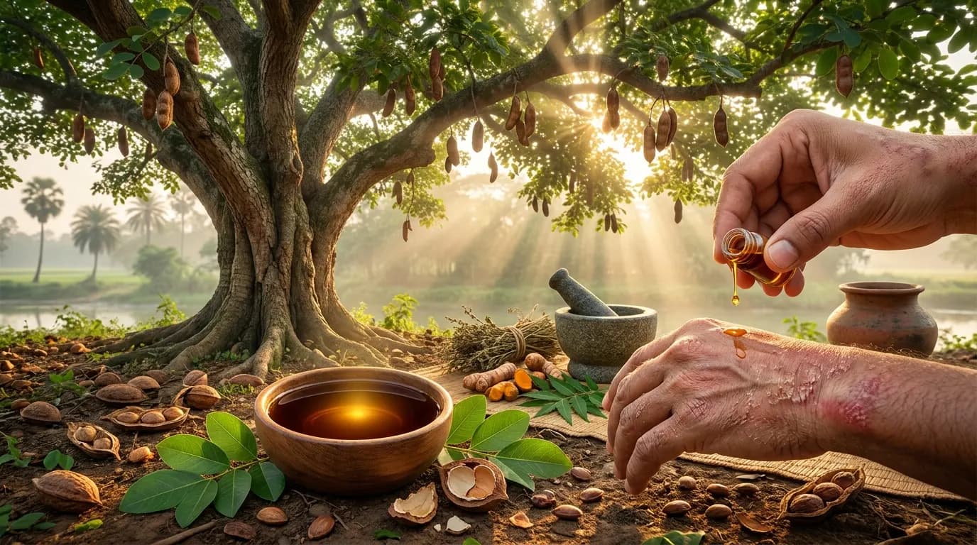 করঞ্জ বা করঞ্জা গাছের বীজ ও শুকনো শিকড়, আয়ুর্বেদে ত্বকের রোগে ব্যবহৃত ভেষজ করঞ্জ তেলের উৎস
