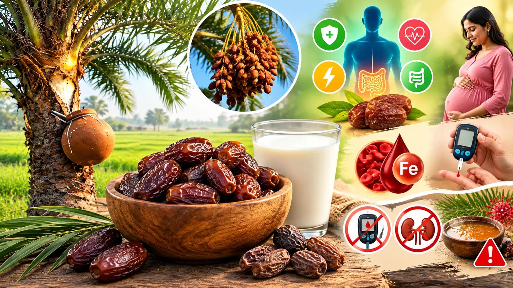 খেজুর খাওয়ার উপকারিতা ও অপকারিতা বোঝাতে কাঠের বাটিতে মেডজুল খেজুর আর সামনে কয়েকটা শুকনো খেজুর, পাশে এক গ্লাস দুধ, পেছনে রসের মাটির হাঁড়ি বাঁধা খেজুর গাছ আর ধানখেত, গোল ছবিতে গাছে ঝোলা খেজুরের কাঁদি, আর ডান দিকে হজম ও শক্তির প্রতীক, এক অন্তঃসত্ত্বা নারী, আয়রনের প্রতীক, রক্তে শর্করা মাপার যন্ত্র, ডায়াবেটিস ও কিডনির নিষেধচিহ্ন এবং বাটিতে খেজুরের রসের পাশে ভাইরাস ও সতর্কচিহ্ন